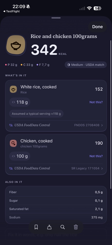 Food details for rice and chicken, showing matched ingredients, portions, calories and nutrition
