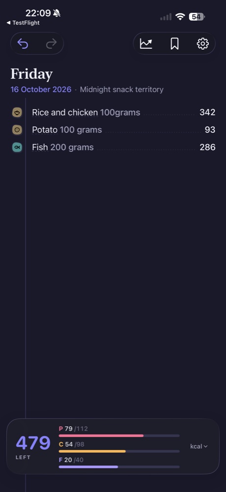 Morsel food journal with rice and chicken, potato and fish entries, calorie values and a daily macro summary